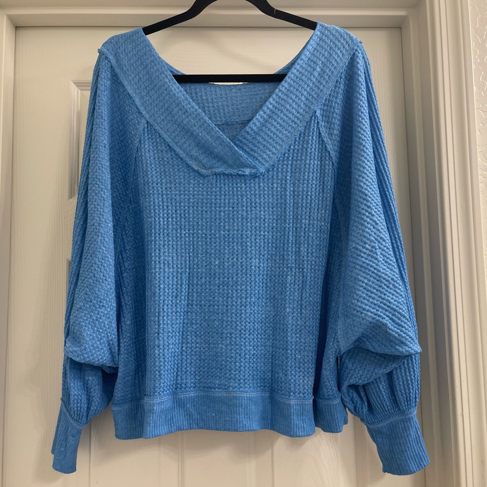 Women’s Free People We The Free Westend Waffle Knit Long Sleeve Top Blue Sz S - Picture 9 of 9